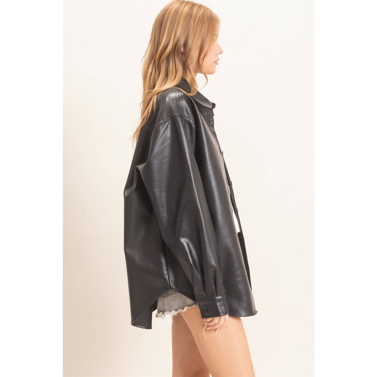Faux Leather Button-Down Shirt